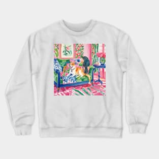 Cat and dog in preppy interior whimsical watercolor Crewneck Sweatshirt